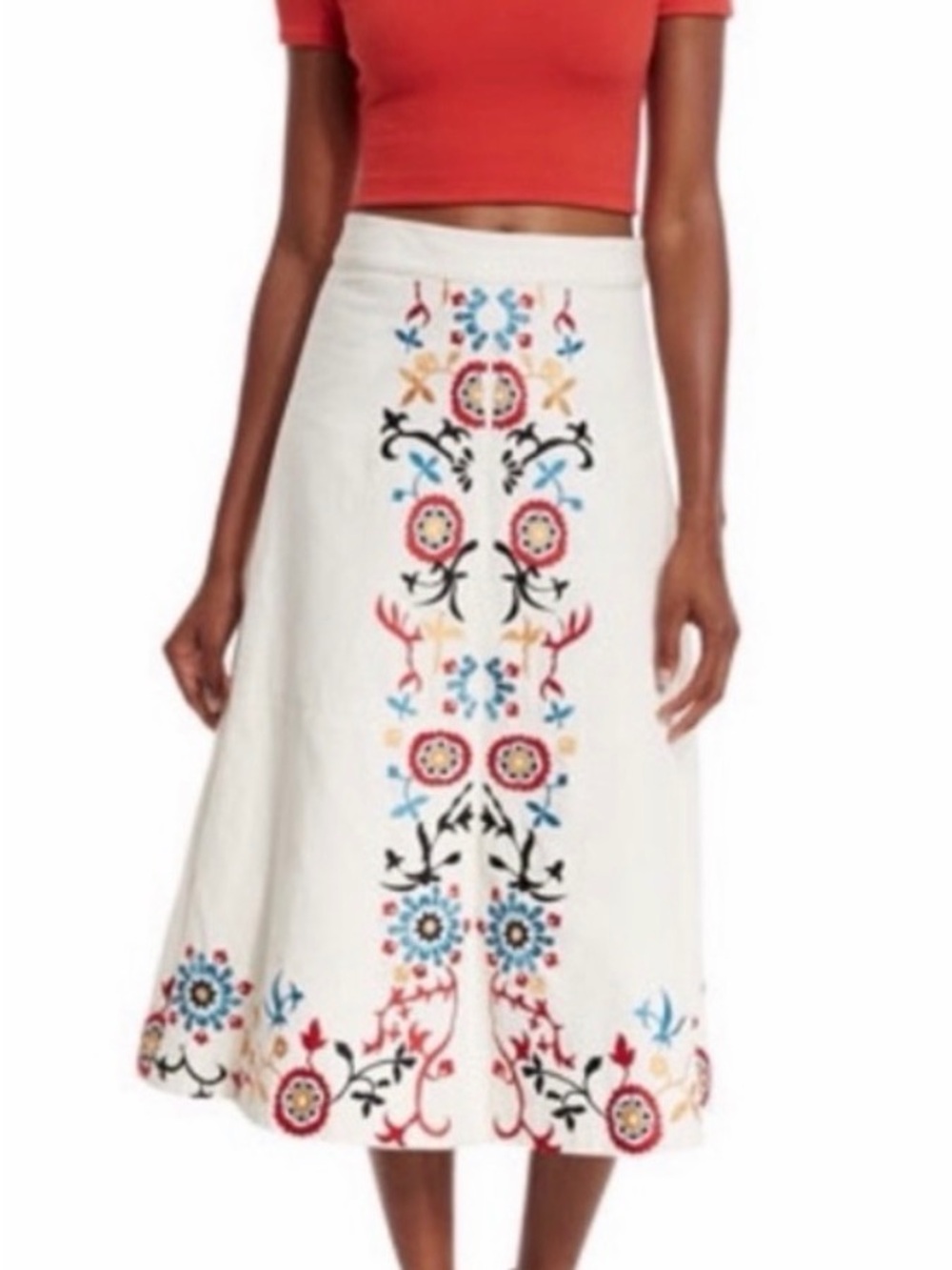Alice + Olivia White Midi Skirt with Multicolor Floral Embroidery